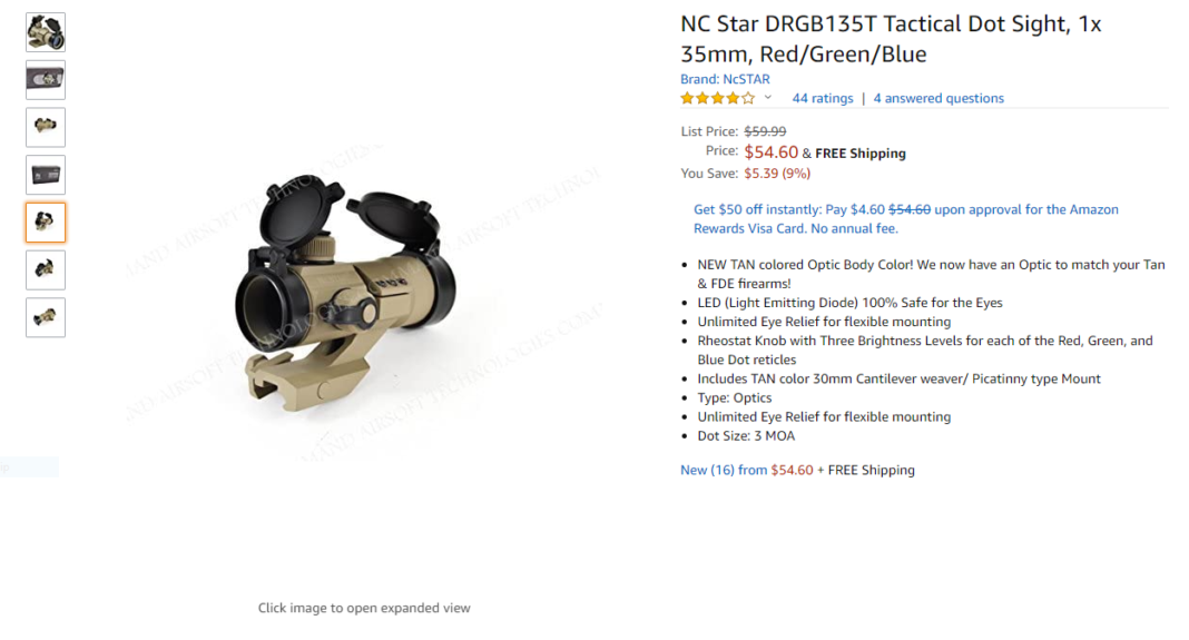 NC Star DRGB135T Tactical Dot Sight, 1x 35mm, Red/Green/Blue